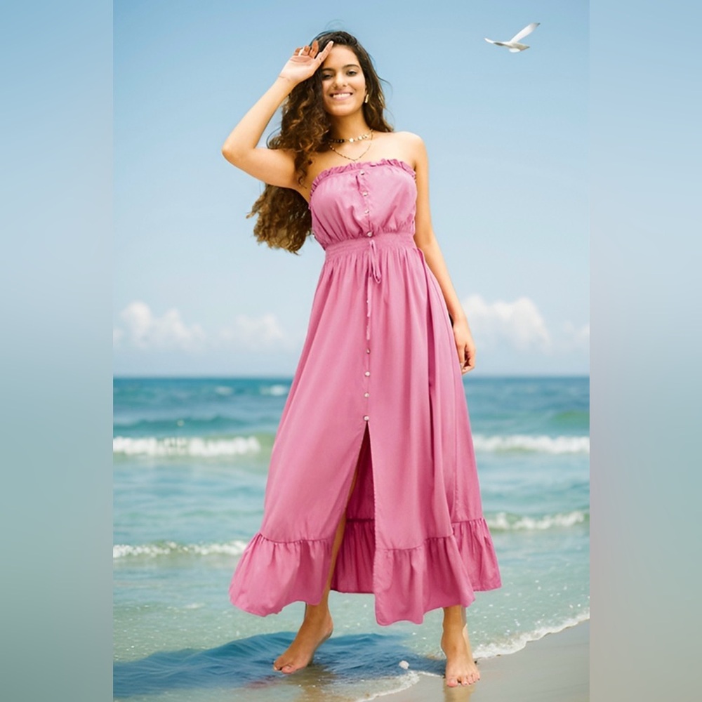 Cupshe Rose Strapless Button-Front Maxi Dress
